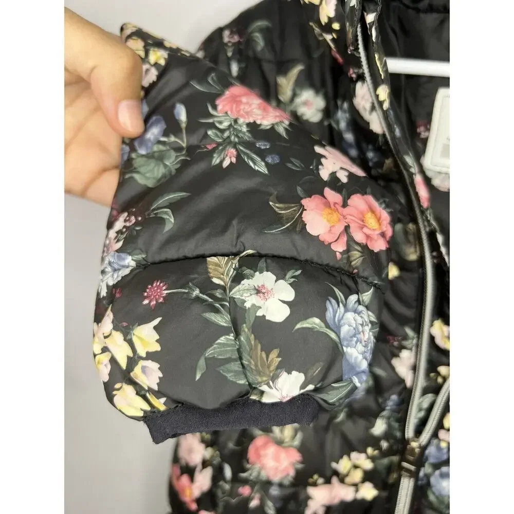 Primark, Floral Puffer Jacket, Black Multicolor, Polyester, Hooded Winter Coat